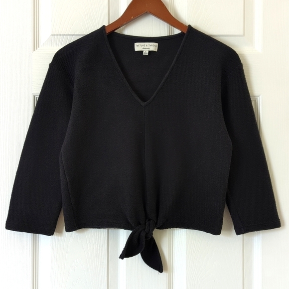 Madewell Texture & Thread Ribbed Knit Quarter Sleeve V-neck Tie Front Top Black - Picture 1 of 12